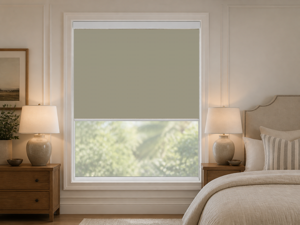 Oatmeal linear blackout roller shade in a tailored transitional bedroom