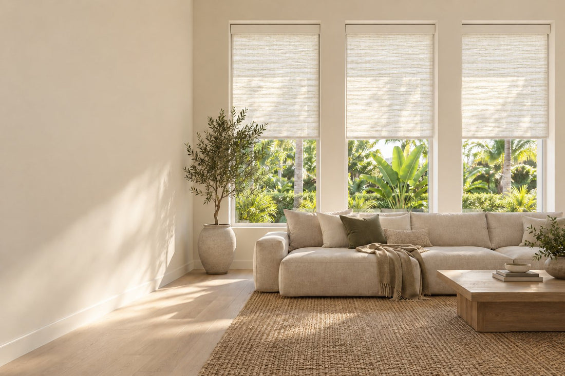 Woven roller shades with a cassette on top in a bright living room