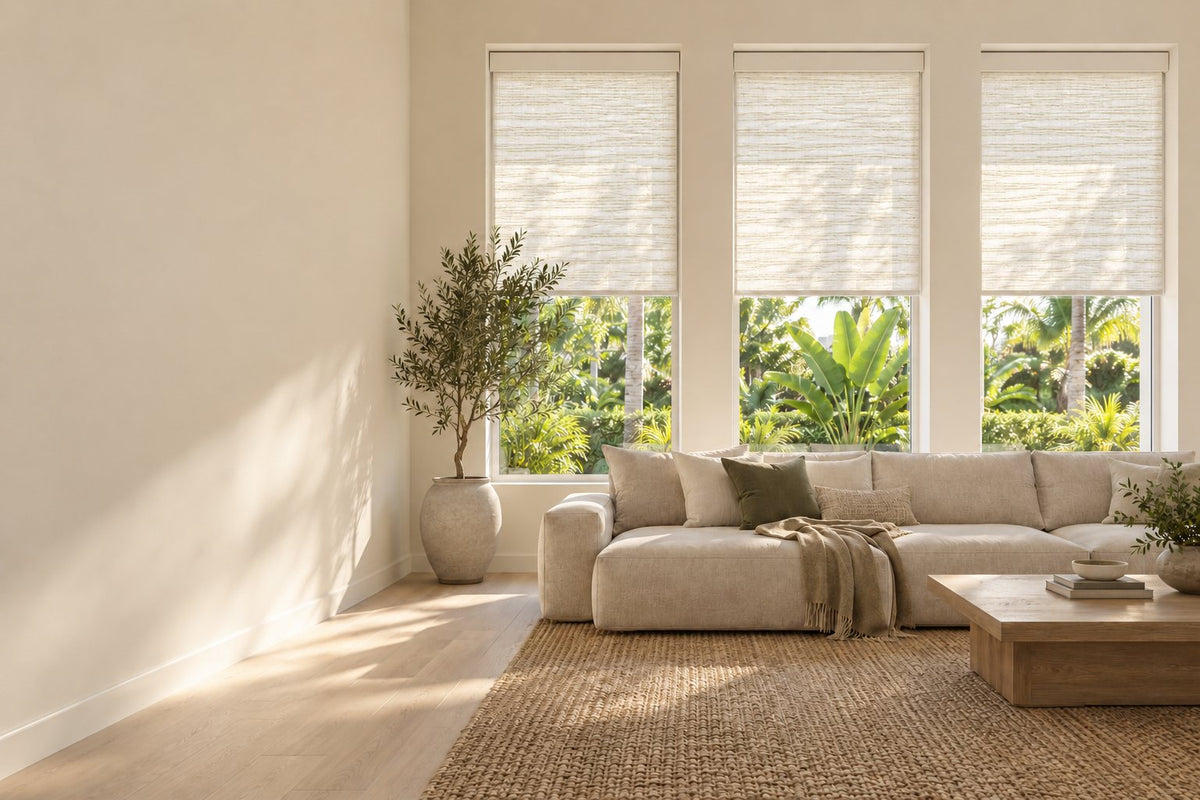 Woven roller shades with a cassette on top in a bright living room