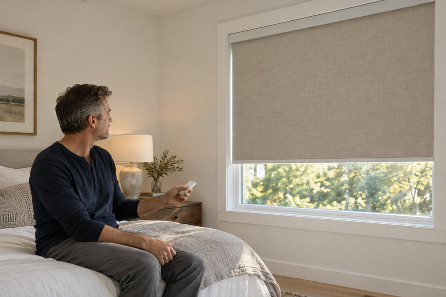 Man in a bedroom using a remote to lower a motorized roller shade