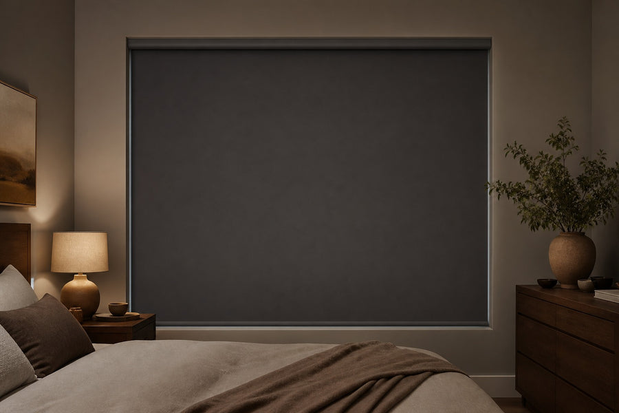 Blackout roller shade in a calm bedroom