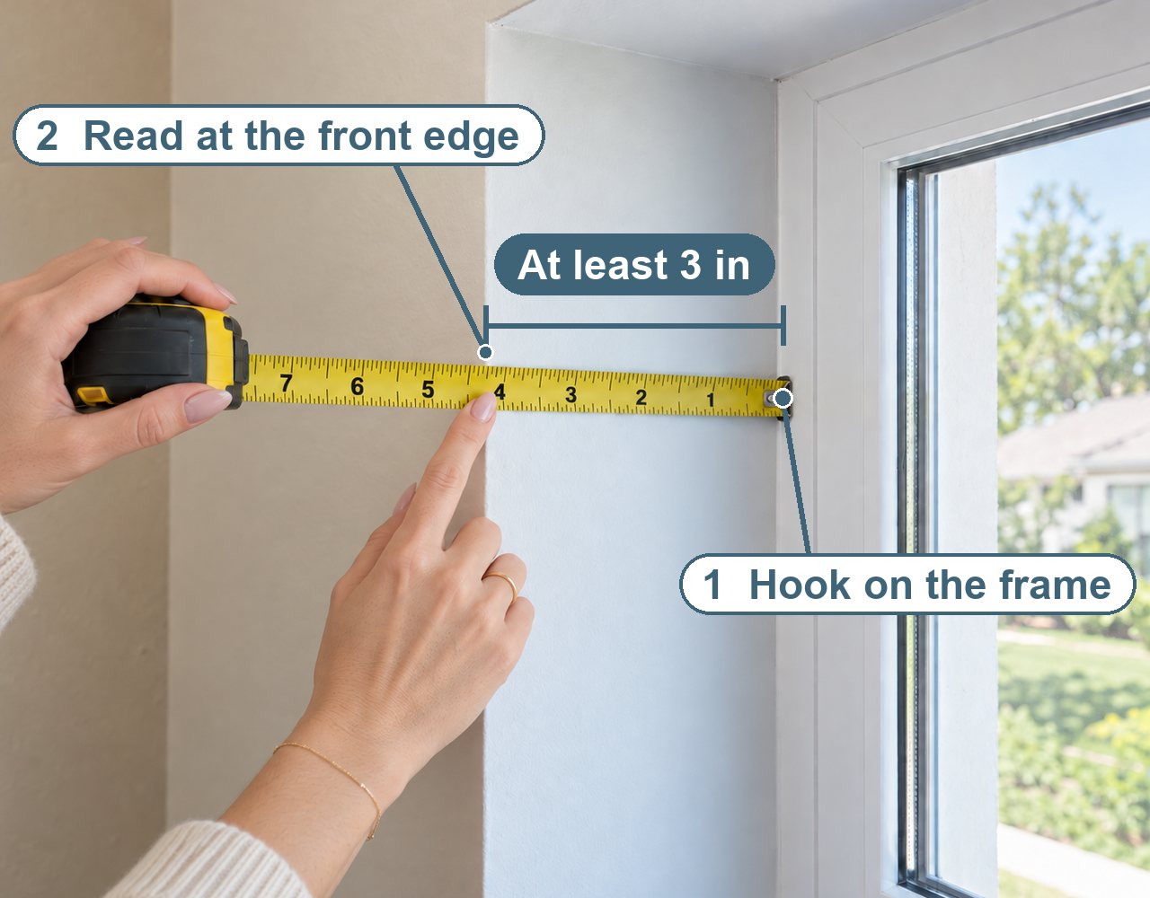 A tape hooks on the window frame. A finger marks where it reads at the front edge. You need at least 3 inches.