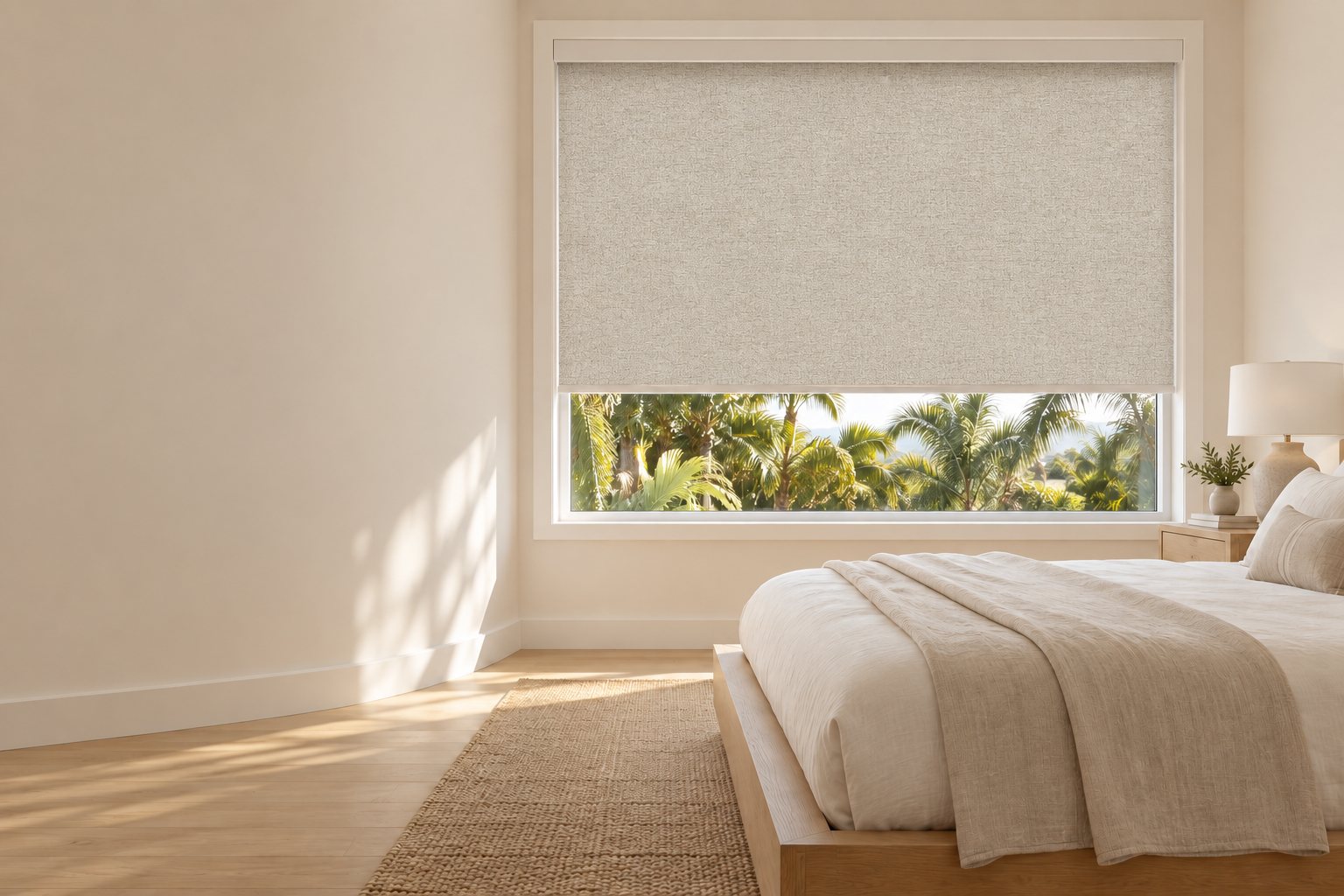 Pompano blackout roller shade fitted inside a bedroom window
