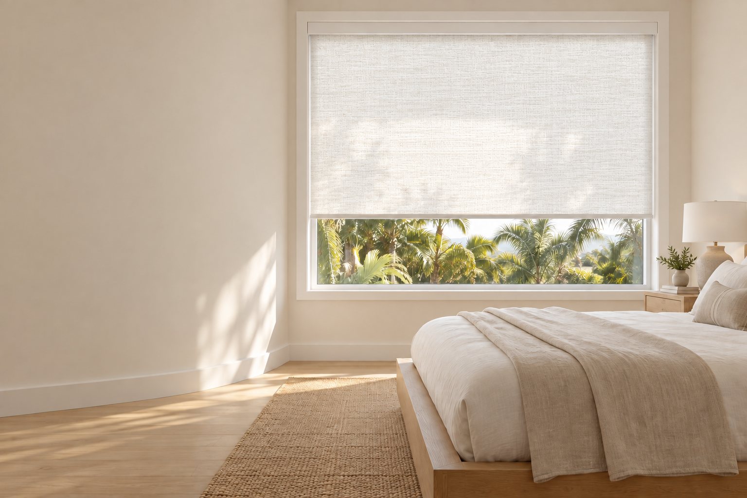 Ocean Drive light filtering roller shade fitted inside a bedroom window