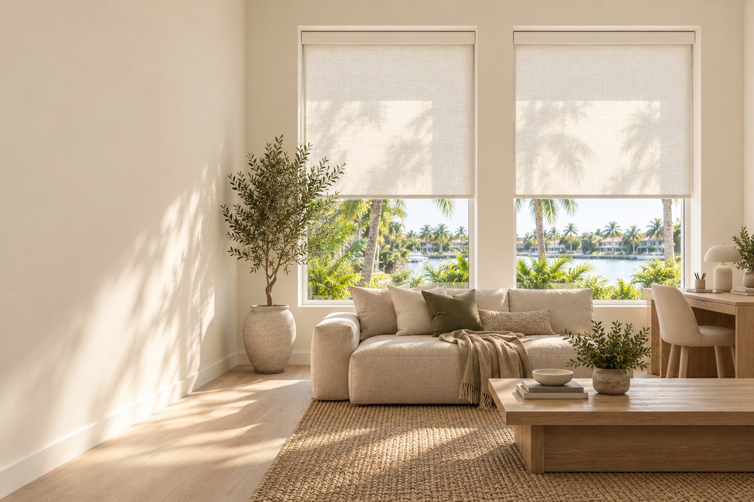 Hillsboro solar roller shades fitted inside two living room windows