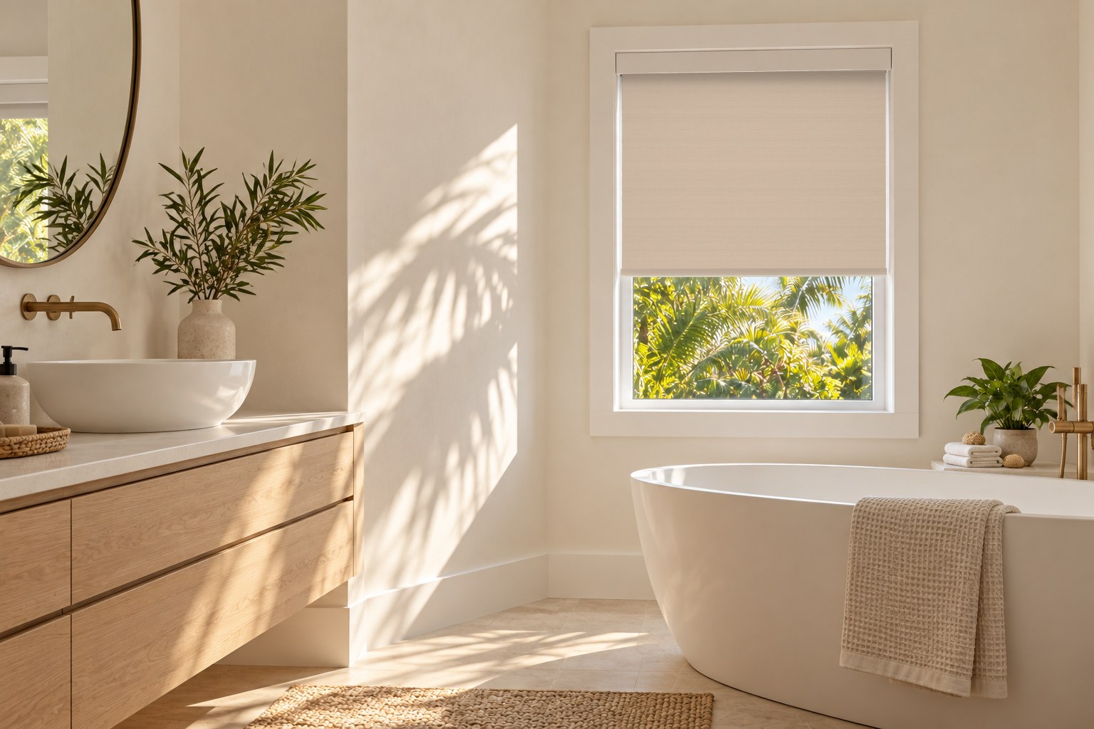 Light roller shade lowered on a small bathroom window