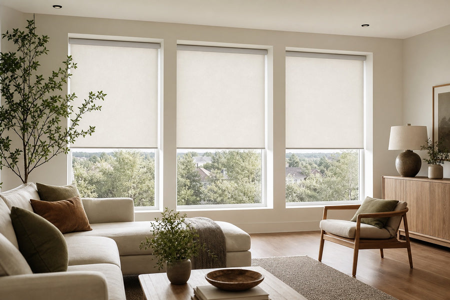 Light-filtering roller shades in a bright living room
