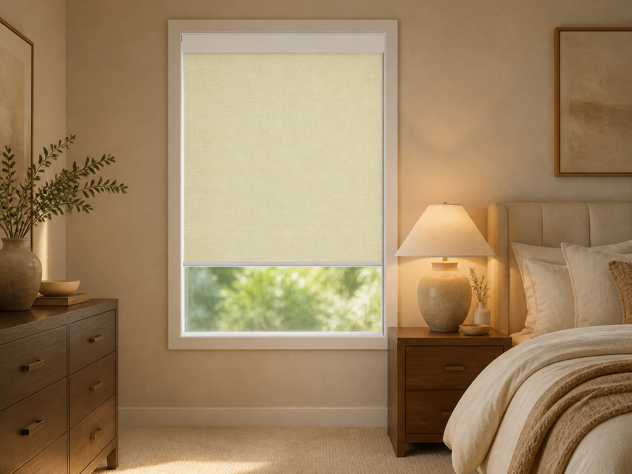 Soft gold blackout roller shade in an elegant primary bedroom