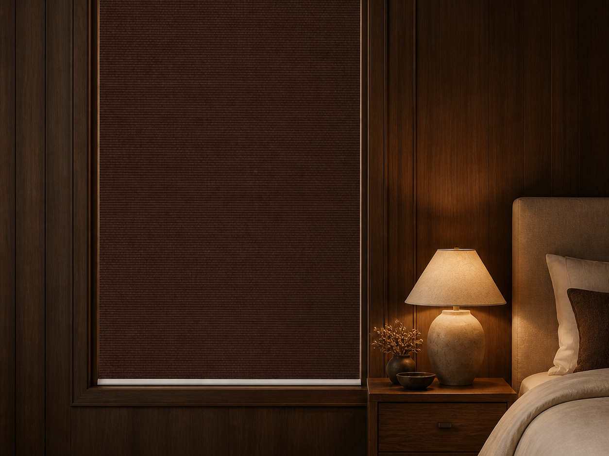 Espresso matte blackout roller shade in a moody primary bedroom