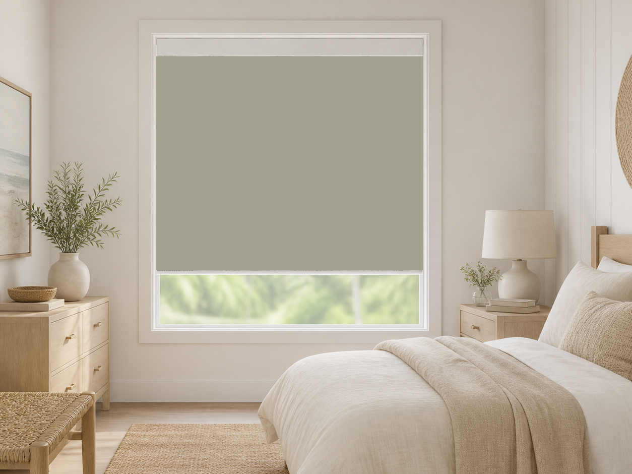 Linen blackout roller shade in a light coastal guest bedroom