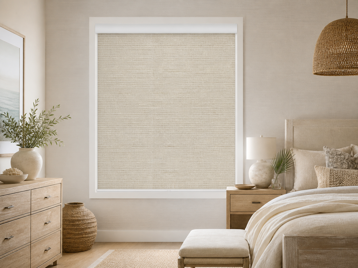 Natural linen blackout roller shade in a coastal bedroom