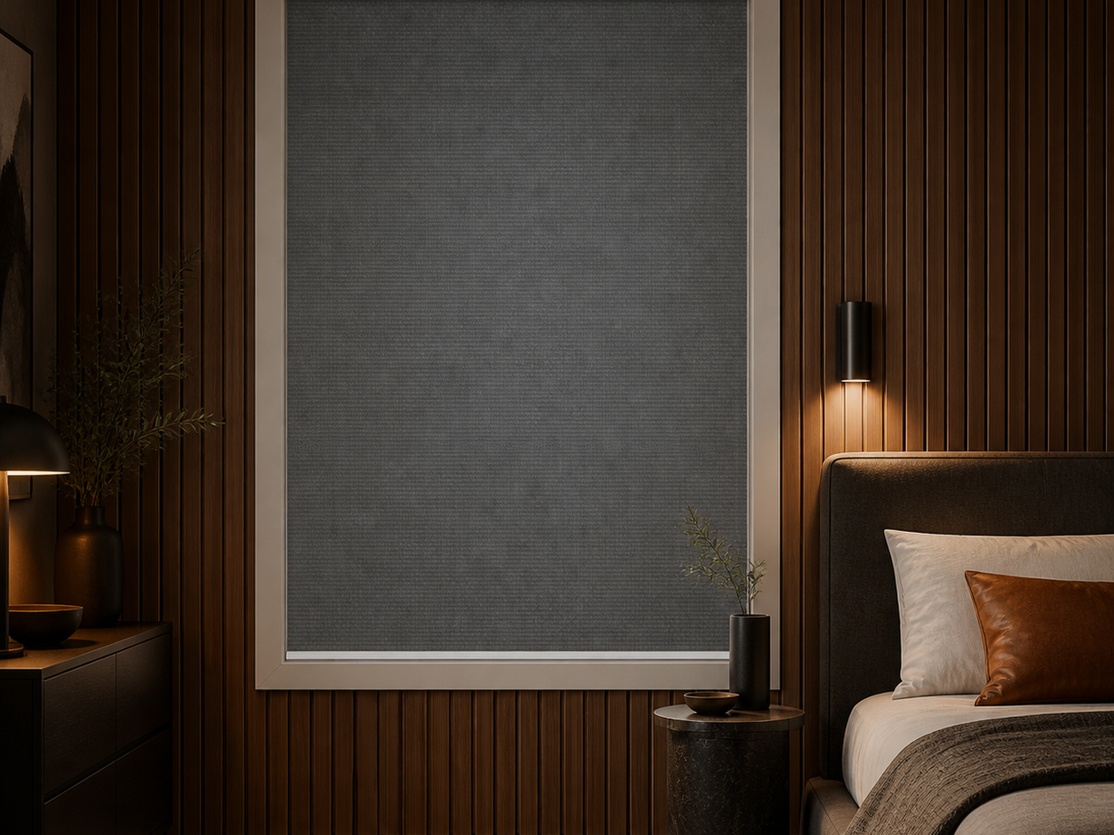 Graphite blackout roller shade in a masculine modern bedroom