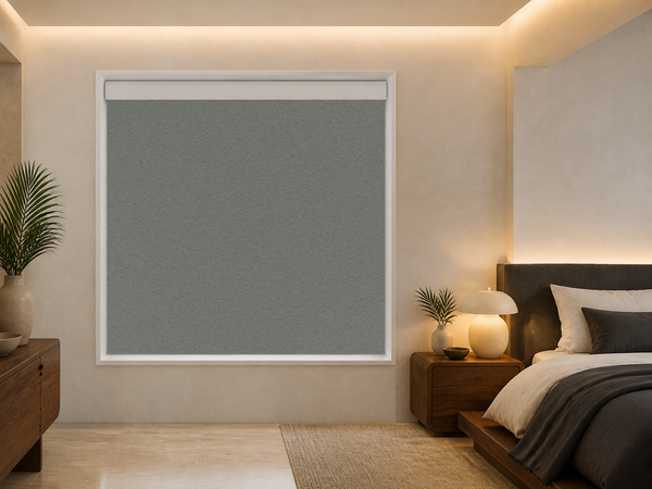 Graphite mosaic blackout roller shade in a contemporary bedroom