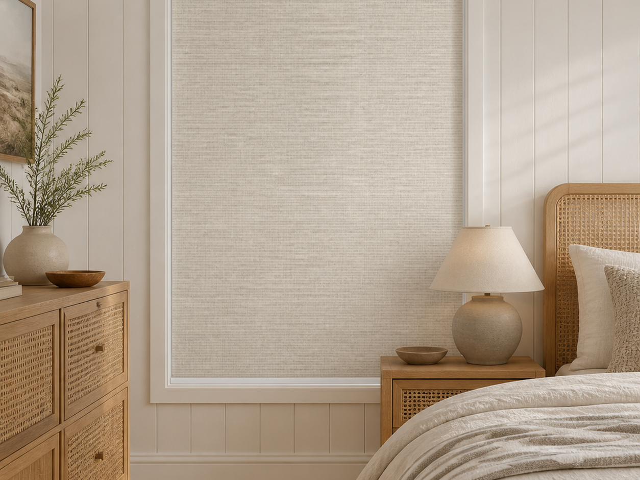 Oatmeal heathered blackout roller shade in a layered guest bedroom