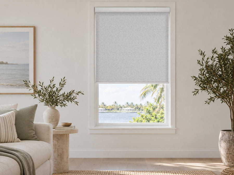 Silver Mosaic light filtering roller shade in a living room