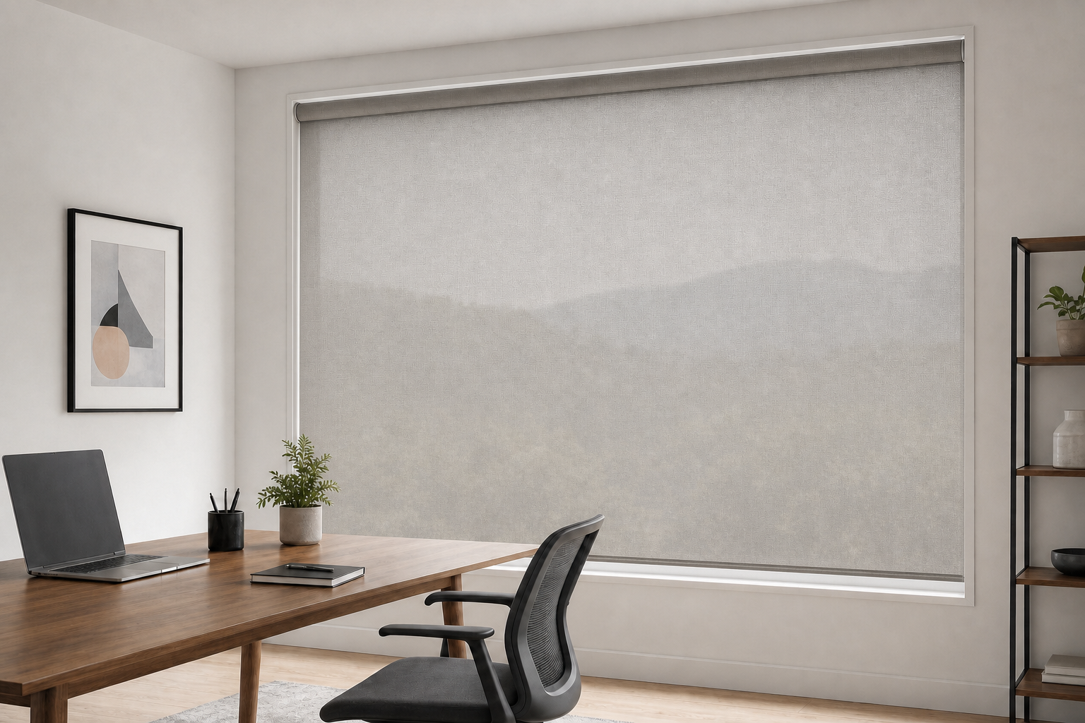 Home office with a white cassette solar shade. You can still see outside.