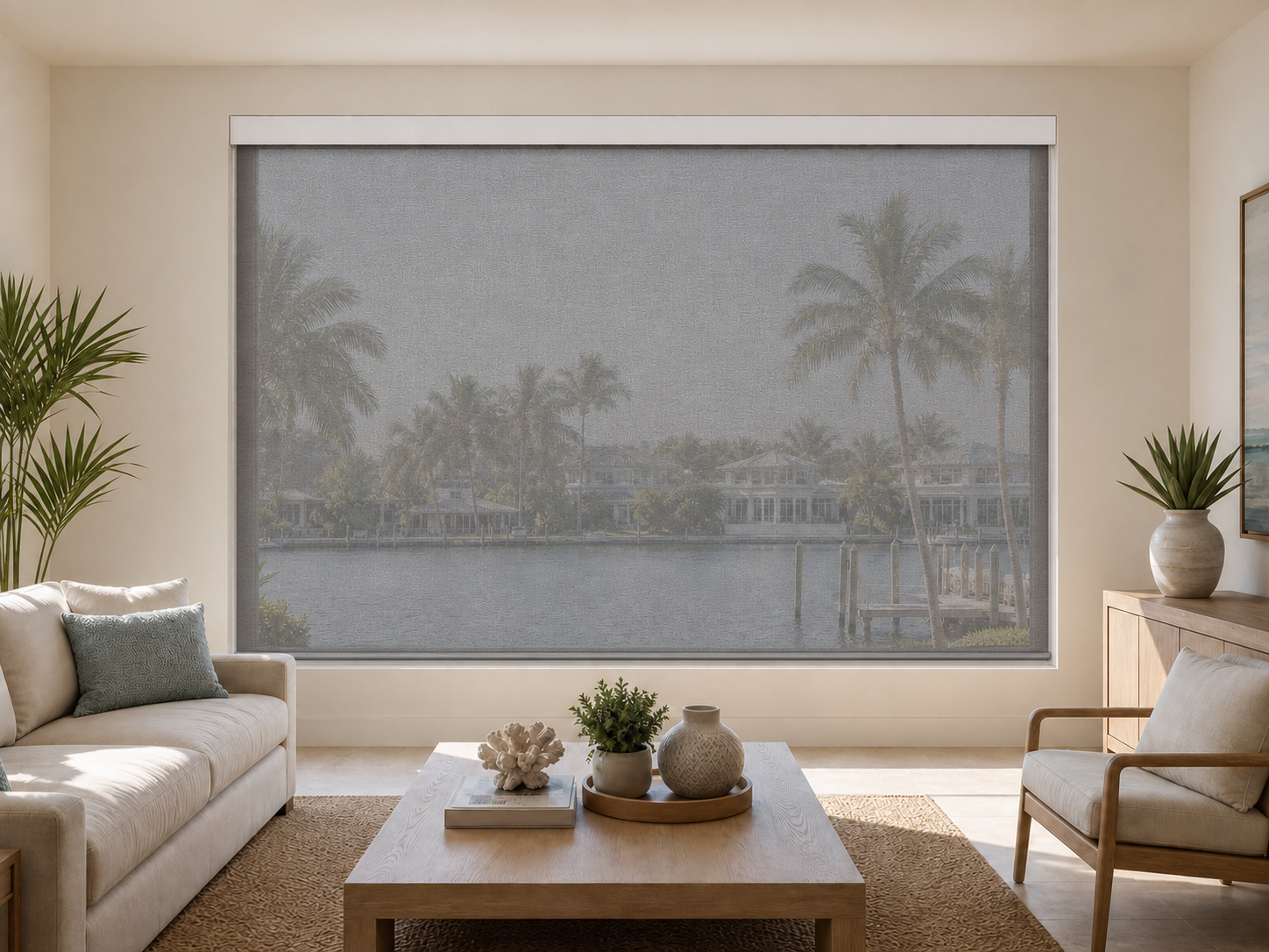 Waterfront living room with a white cassette solar shade. Daylight comes in and you can still see out.