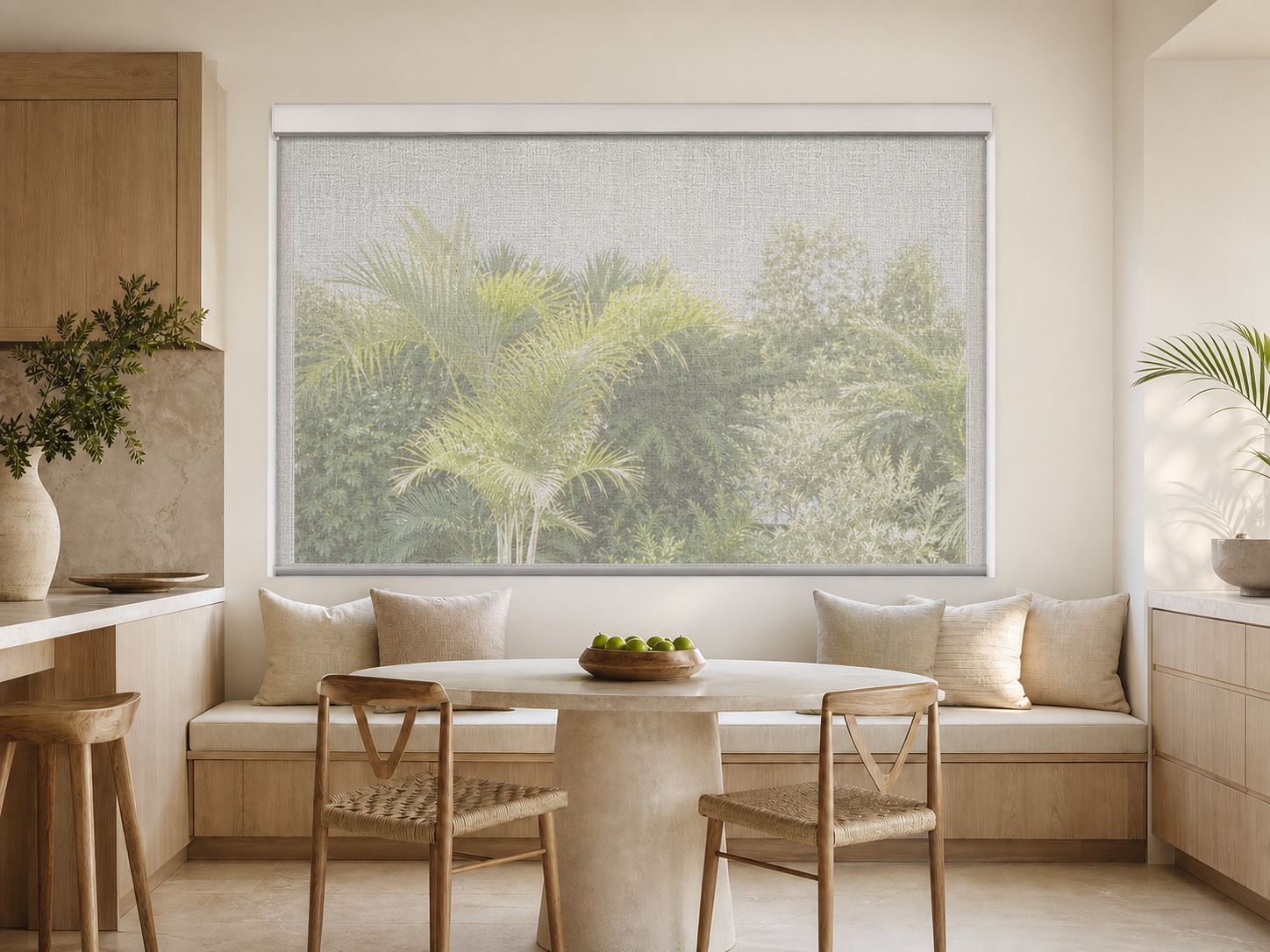 Breakfast room with a white cassette solar shade. You can see outside clearly.