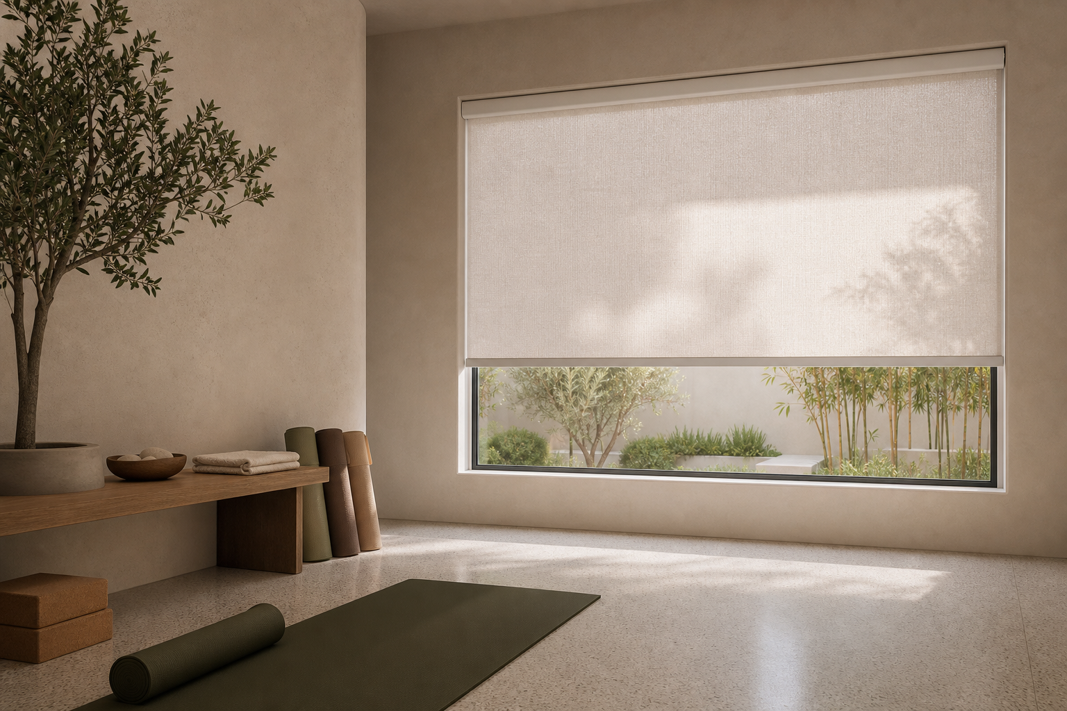 Quiet wellness studio with a partially lowered dense white cassette solar shade.