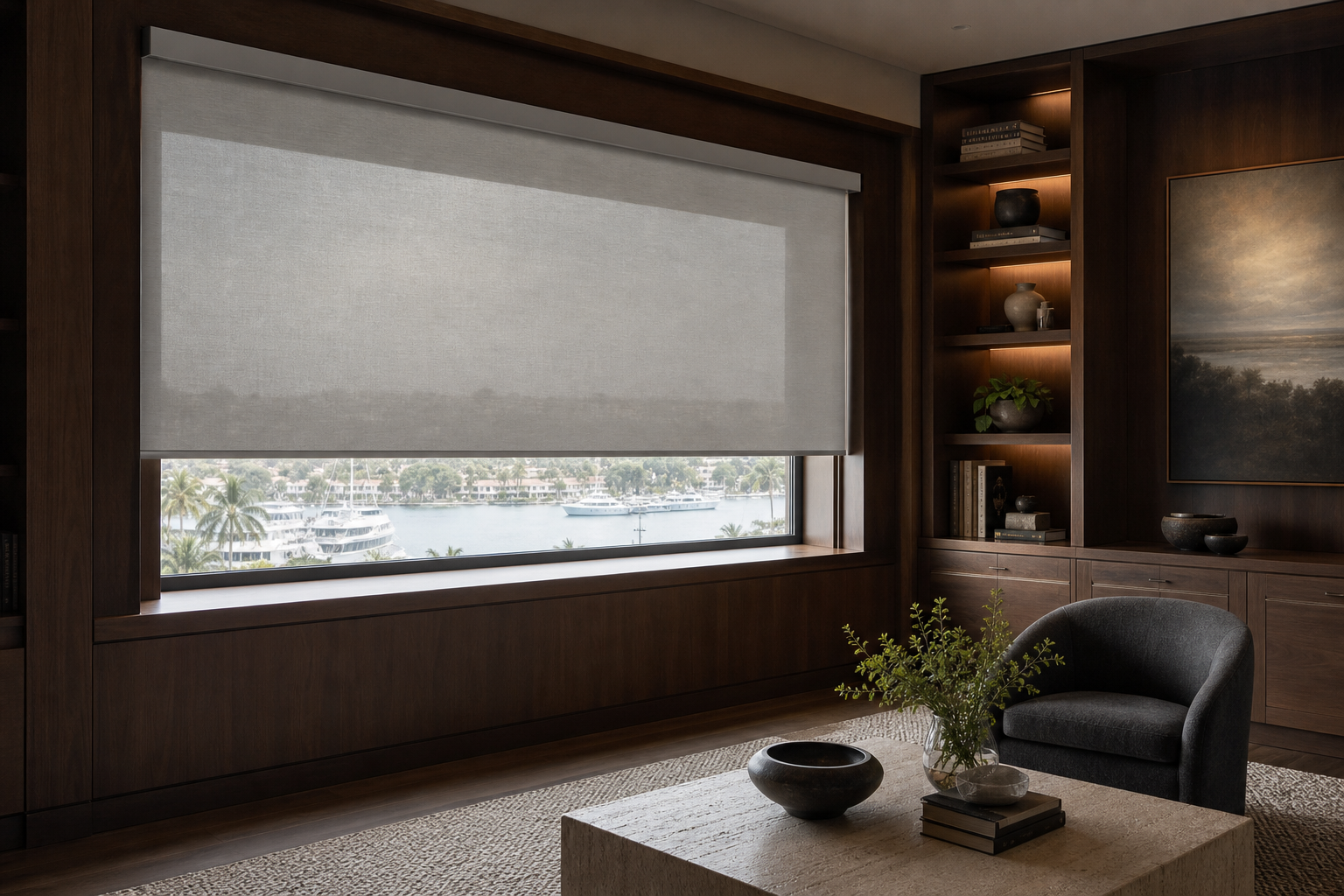 Walnut media library with a partially lowered gray cassette solar shade.