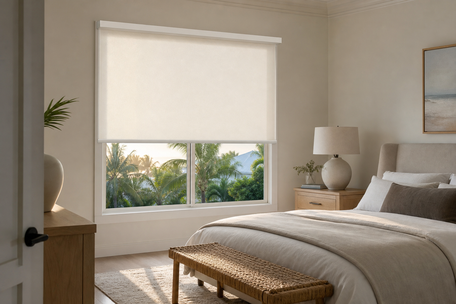 Linen solar roller shade in a bedroom
