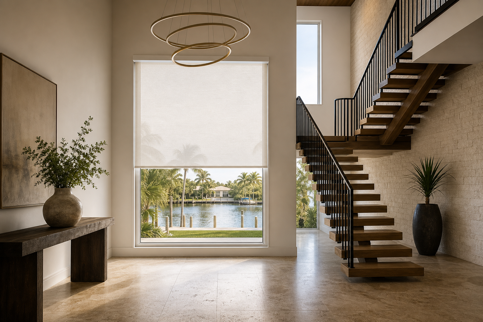 Double-height coastal entry with a partially lowered white cassette solar shade.