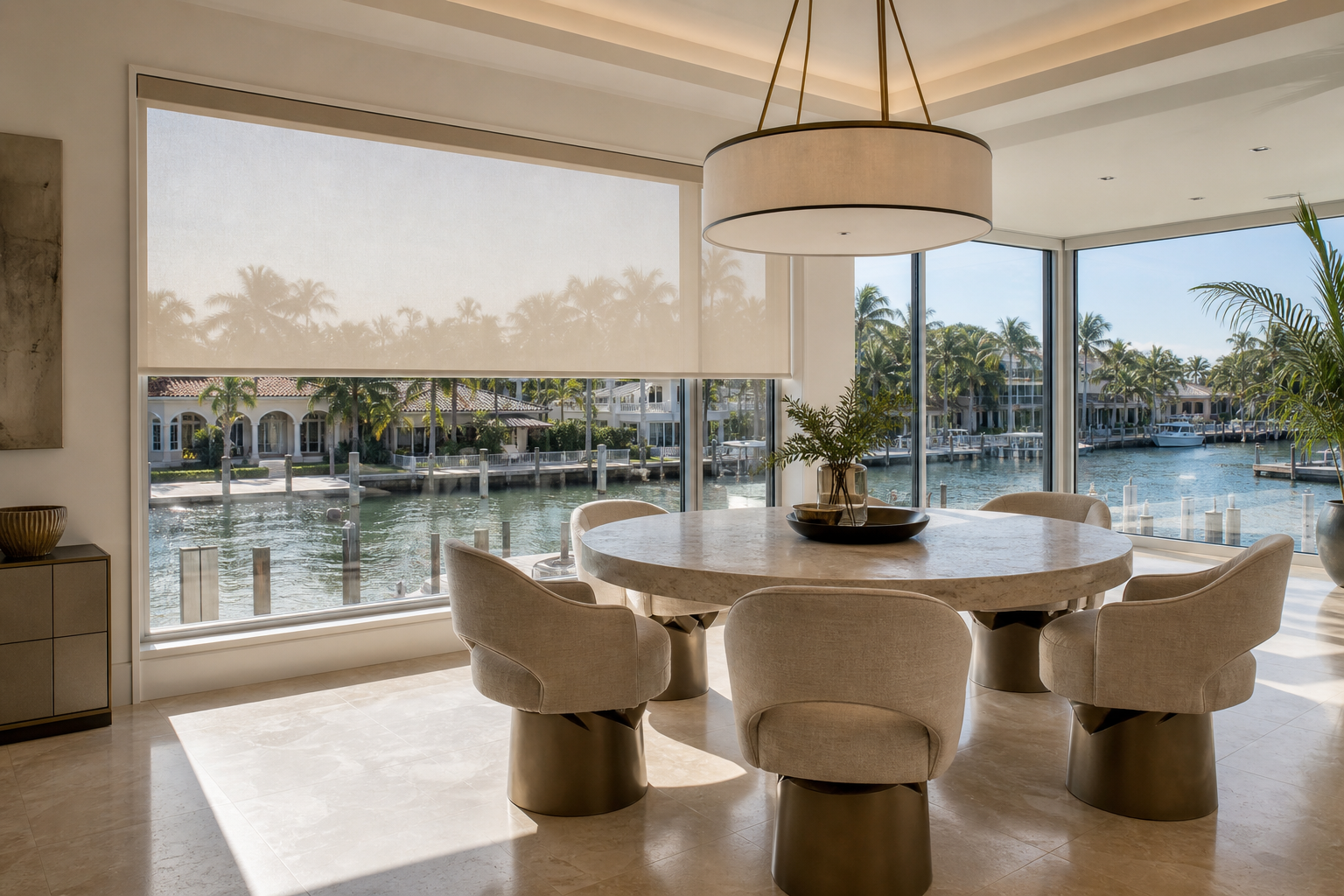 Waterfront dining room with a partially lowered white cassette solar shade.