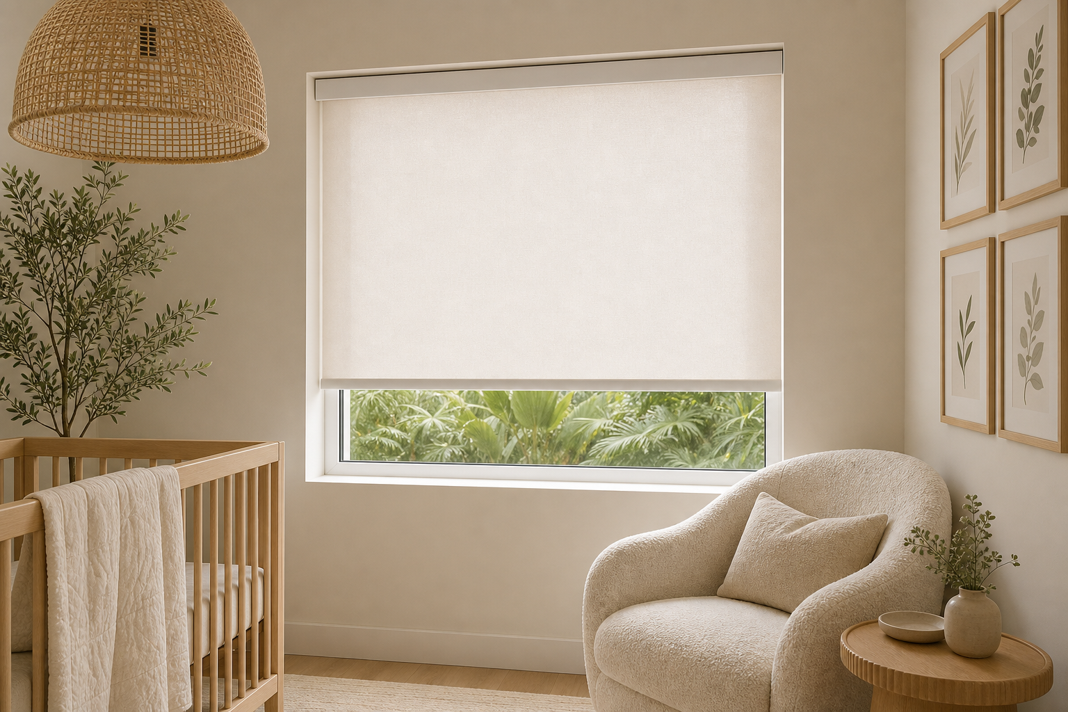 Neutral nursery and reading nook with a partially lowered white cassette solar shade.