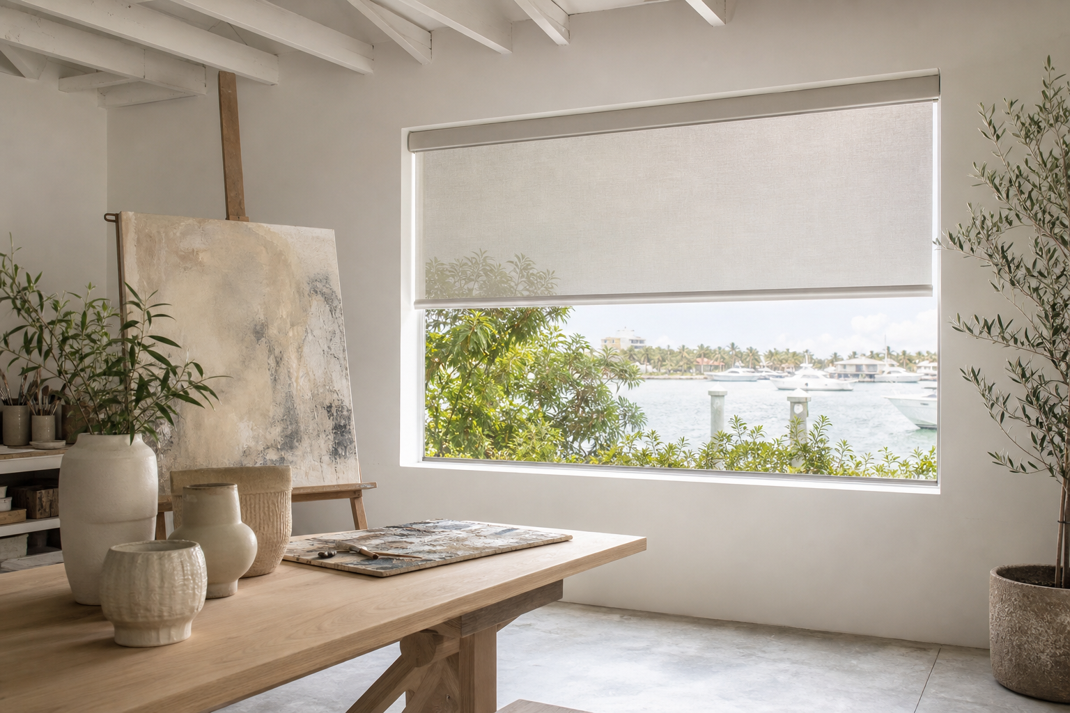 Waterfront art studio with a partially lowered neutral cassette solar shade.